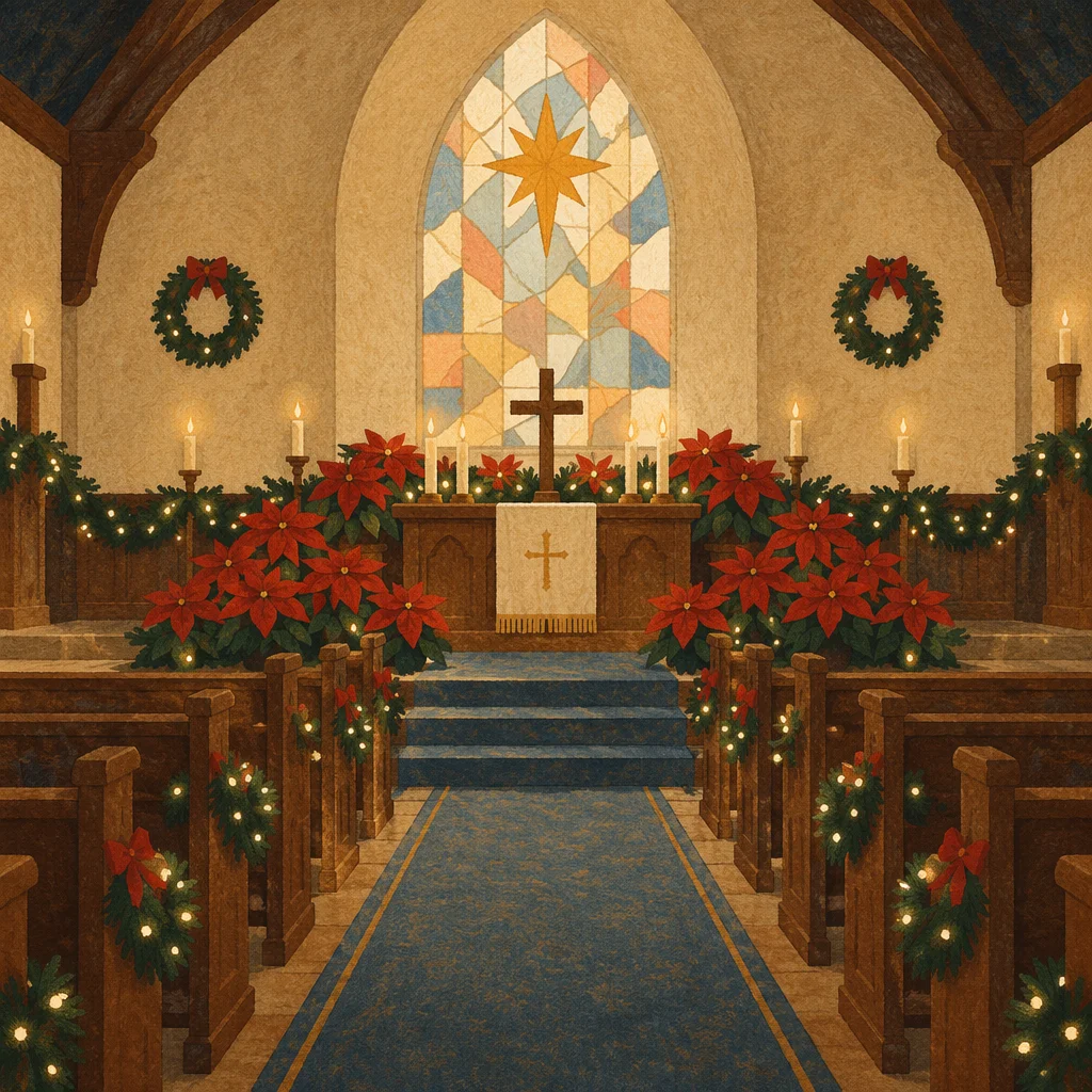 Christmas Church Sanctuary with Red Poinsettias