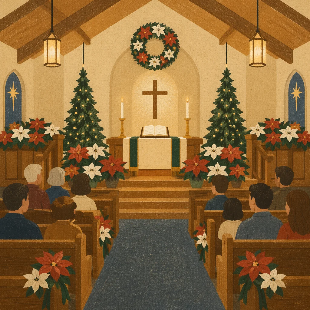 Christmas Church Sanctuary with Poinsettias
