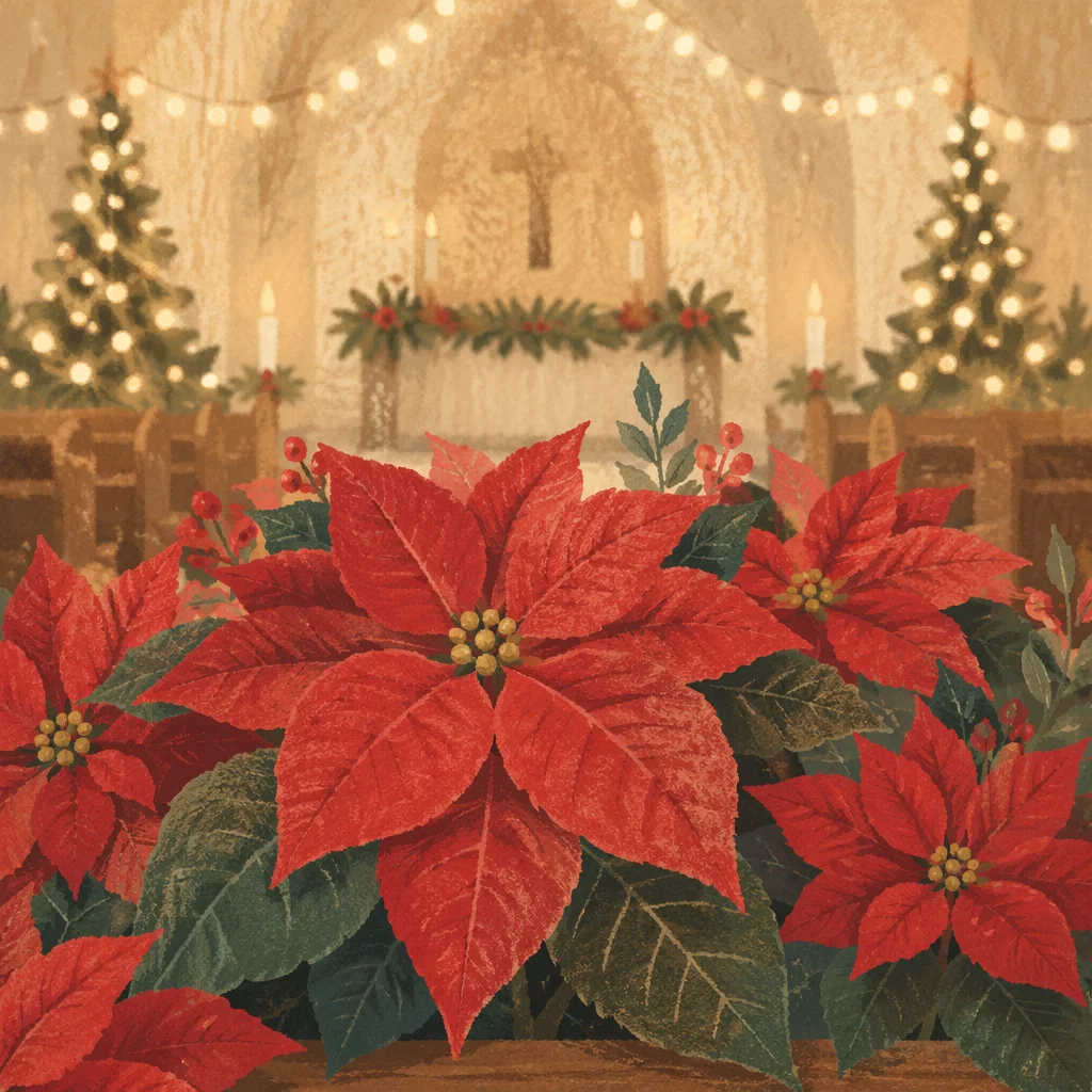 Christmas Poinsettias in Quiet Church Sanctuary