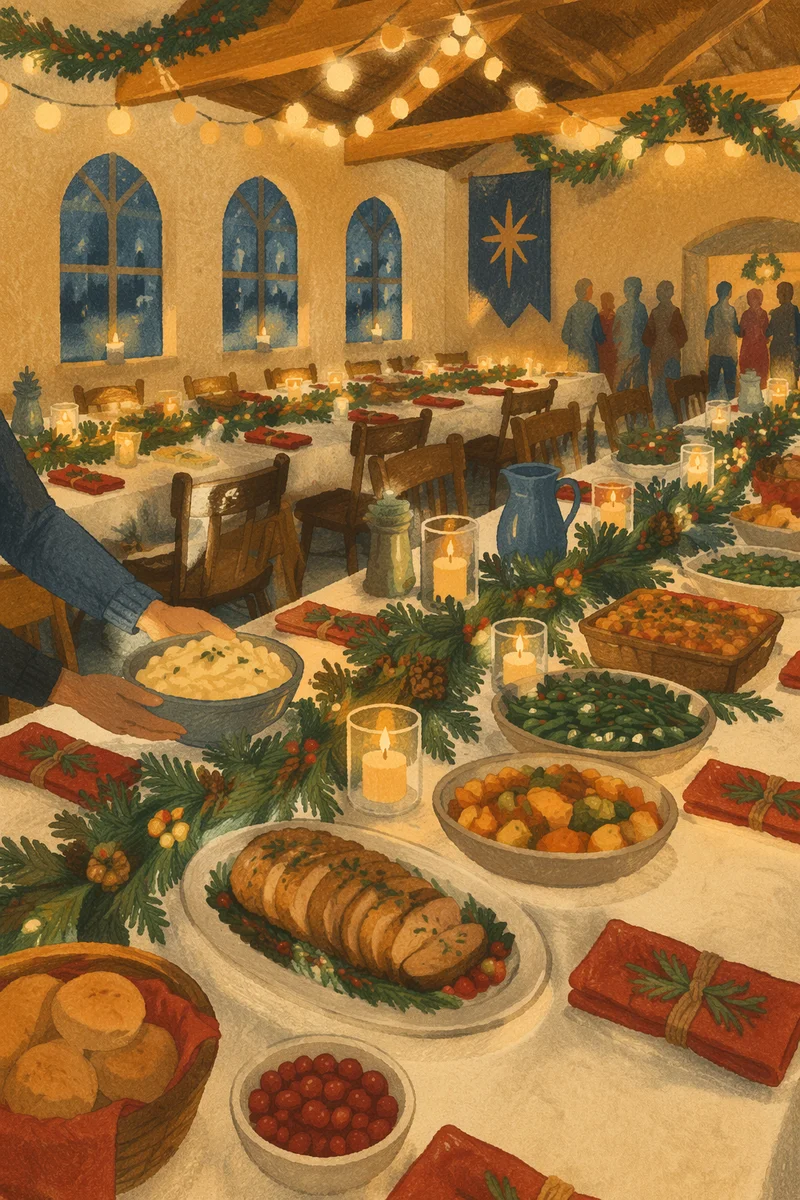 Cozy Christmas Church Fellowship Dinner Hall