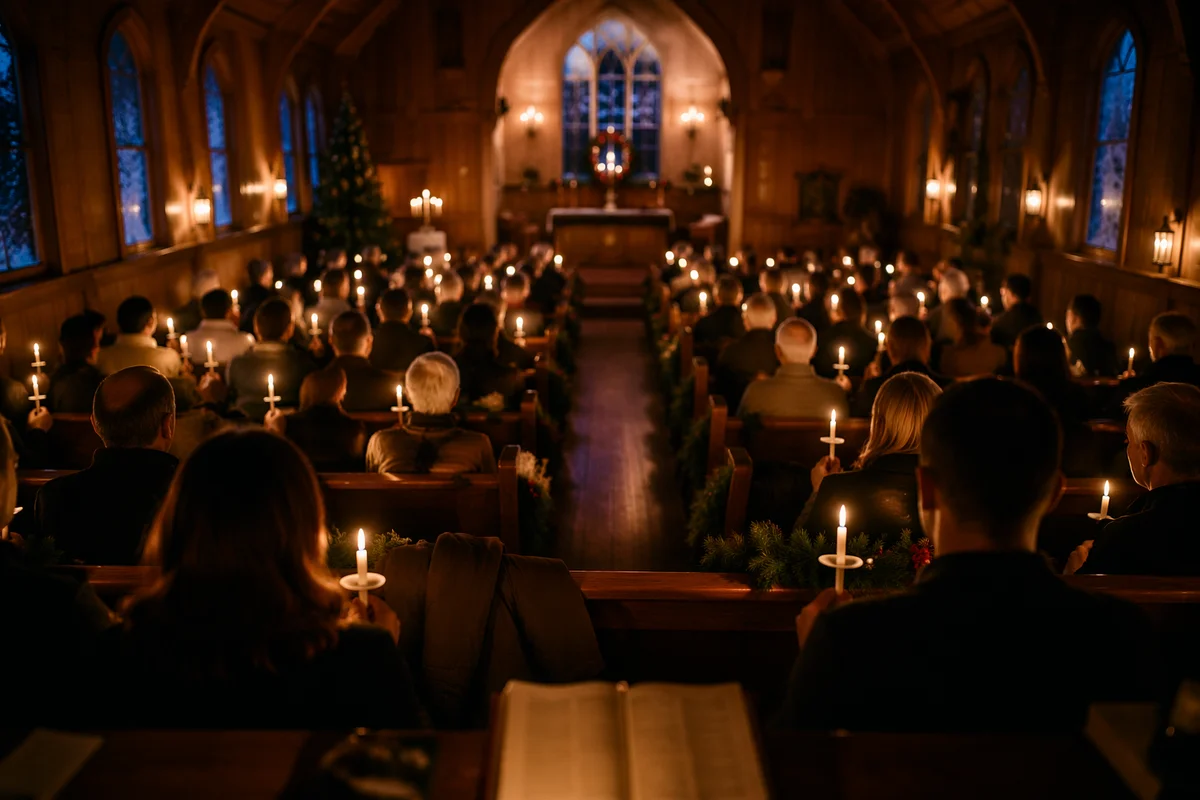 Candlelit Congregation in Wooden Chapel
