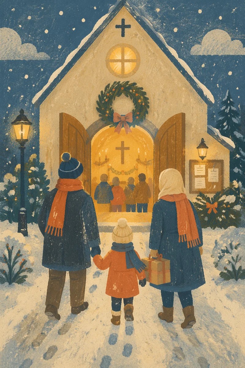 Family Entering Church on Christmas Eve