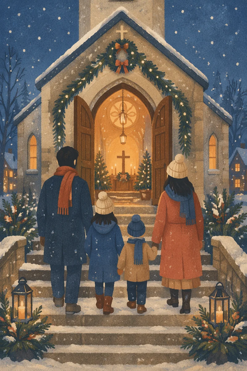 Family Entering Church on Christmas Eve