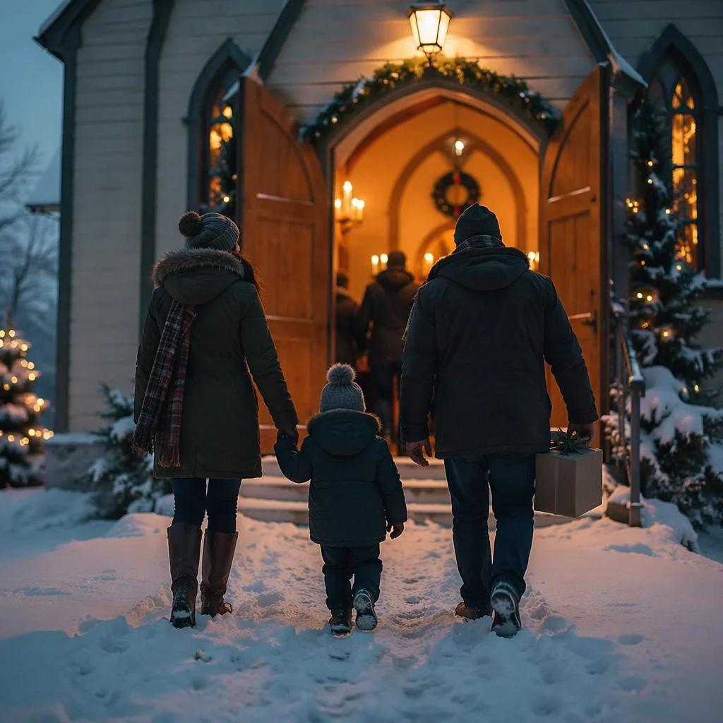 Family Entering Church on Christmas Eve