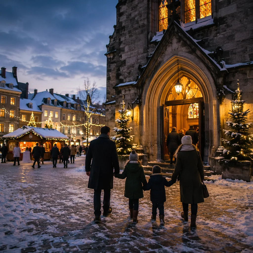 Family Entering Church on Christmas Eve