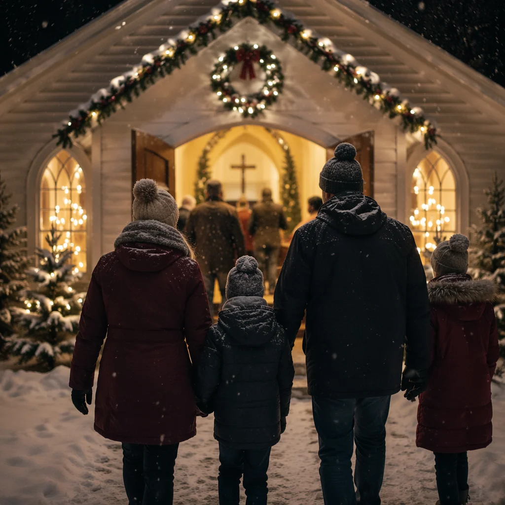 Family Entering Church on Christmas Eve