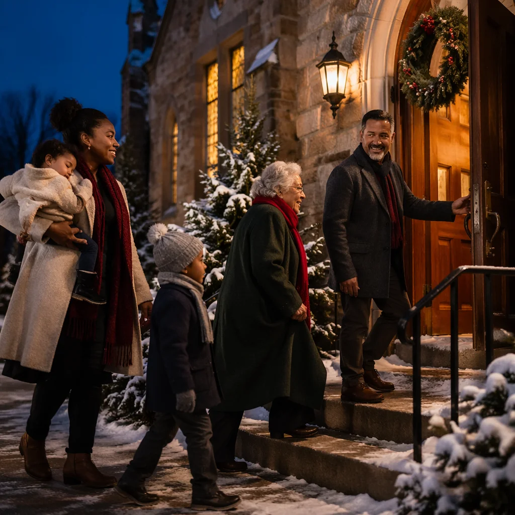 Family Entering Church on Christmas Eve