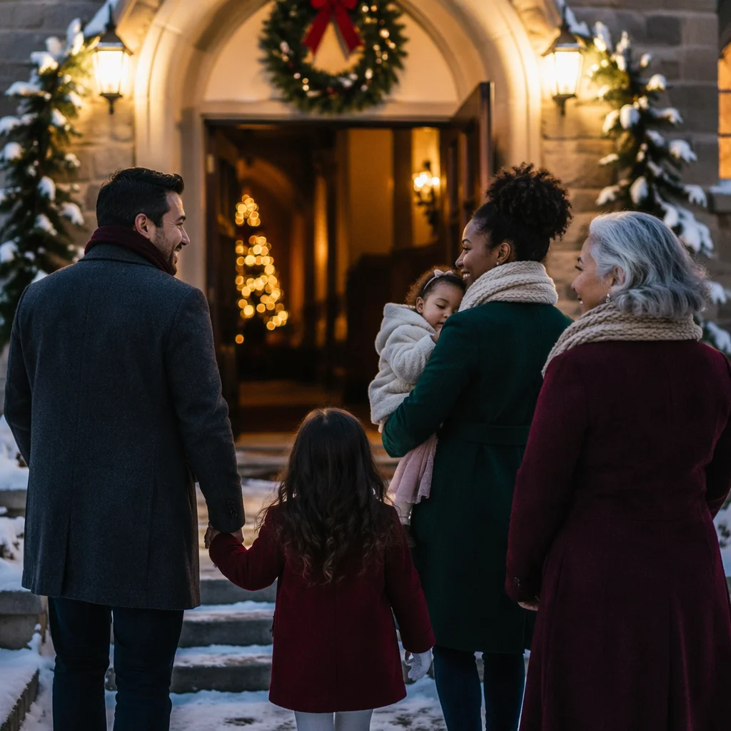 Family Entering Church on Winter Evening