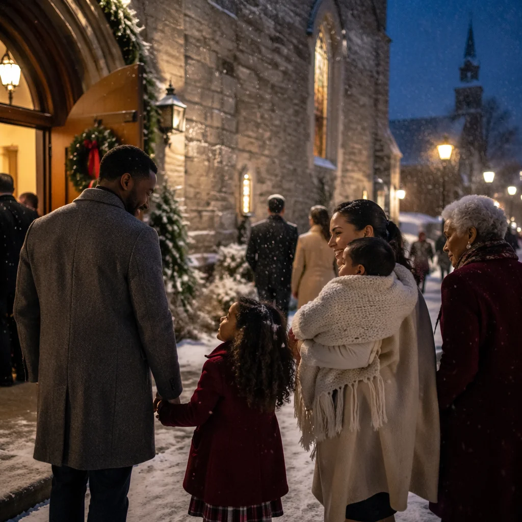 Family Entering Church on Snowy Evening