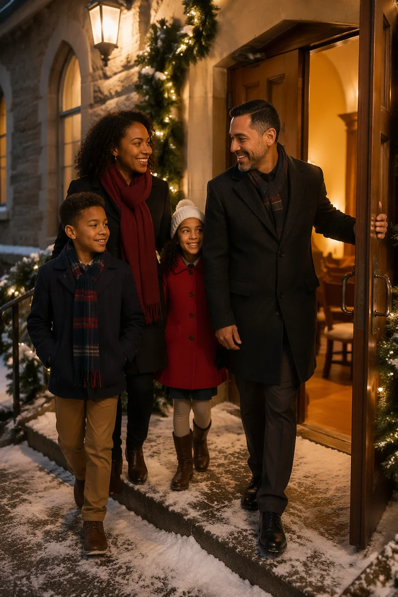 Family Entering Church on Winter Evening