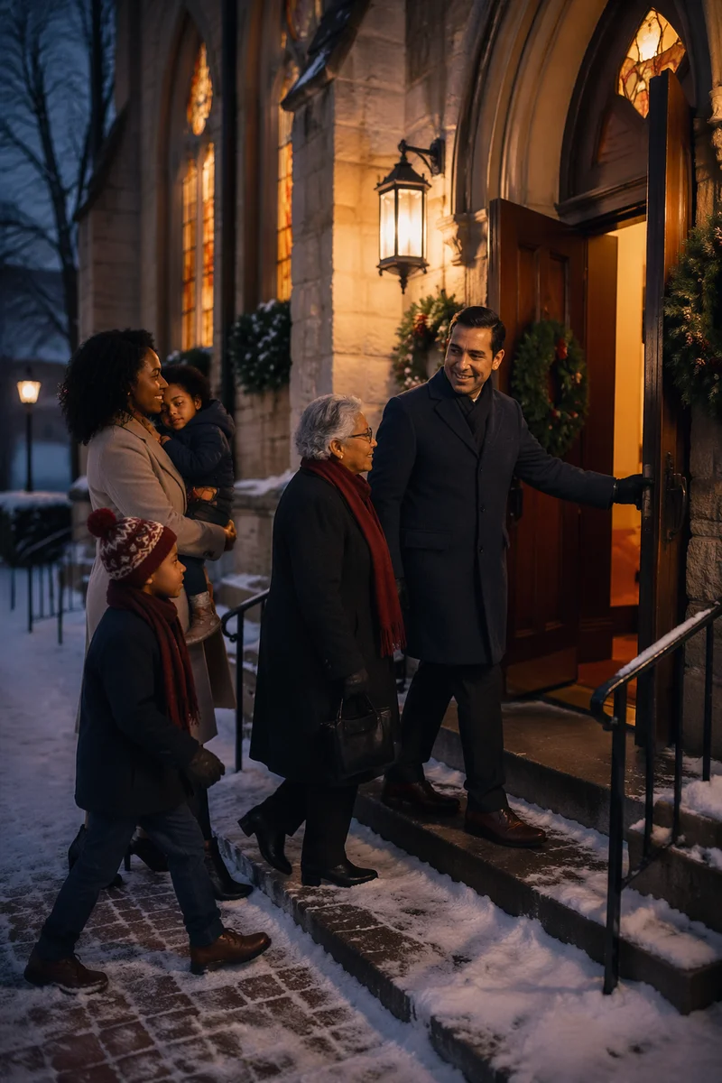 Family Entering Church on Christmas Eve