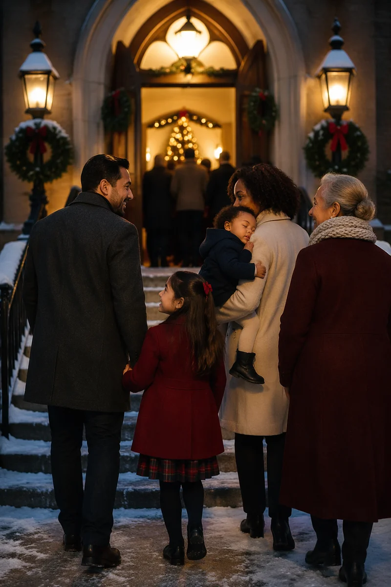 Family Entering Church on Winter Evening