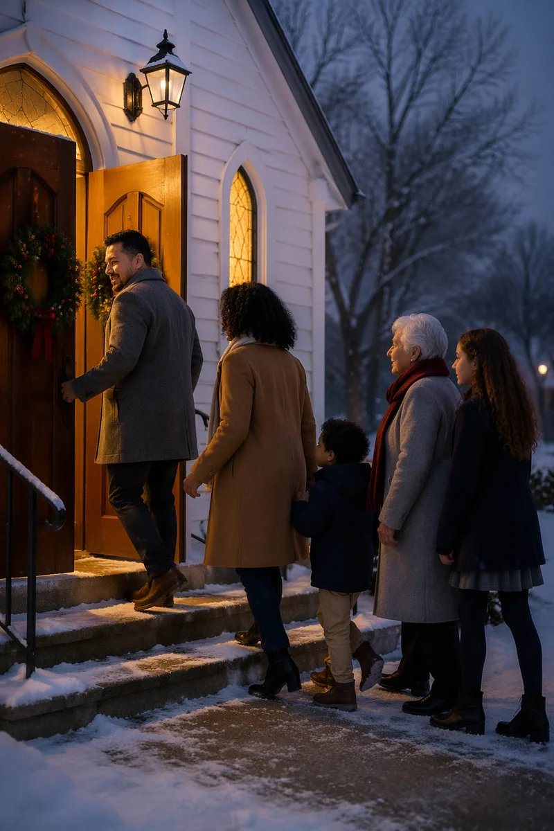 Family Entering Church on Winter Evening