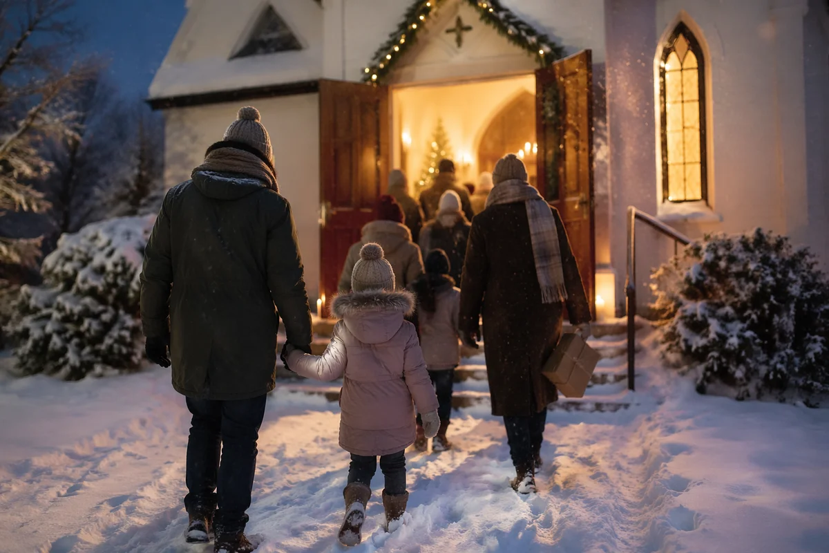 Family Entering Church on Christmas Eve