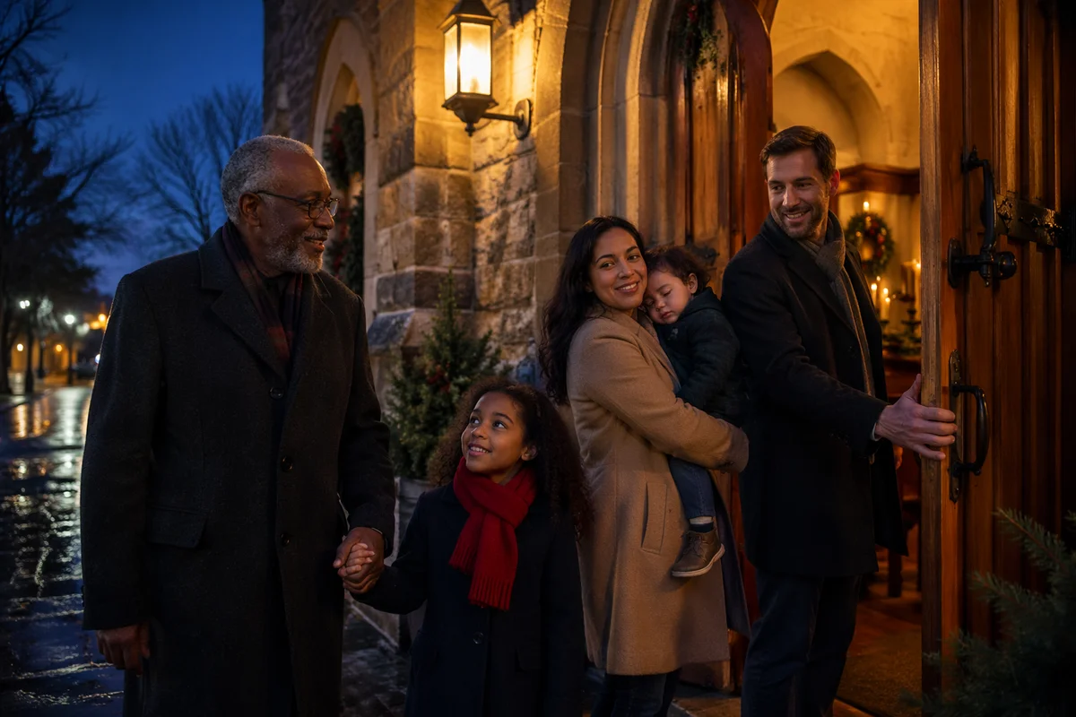 Family Entering Church on Christmas Eve
