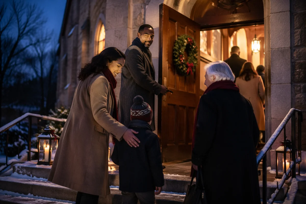 Family Entering Church on Winter Evening