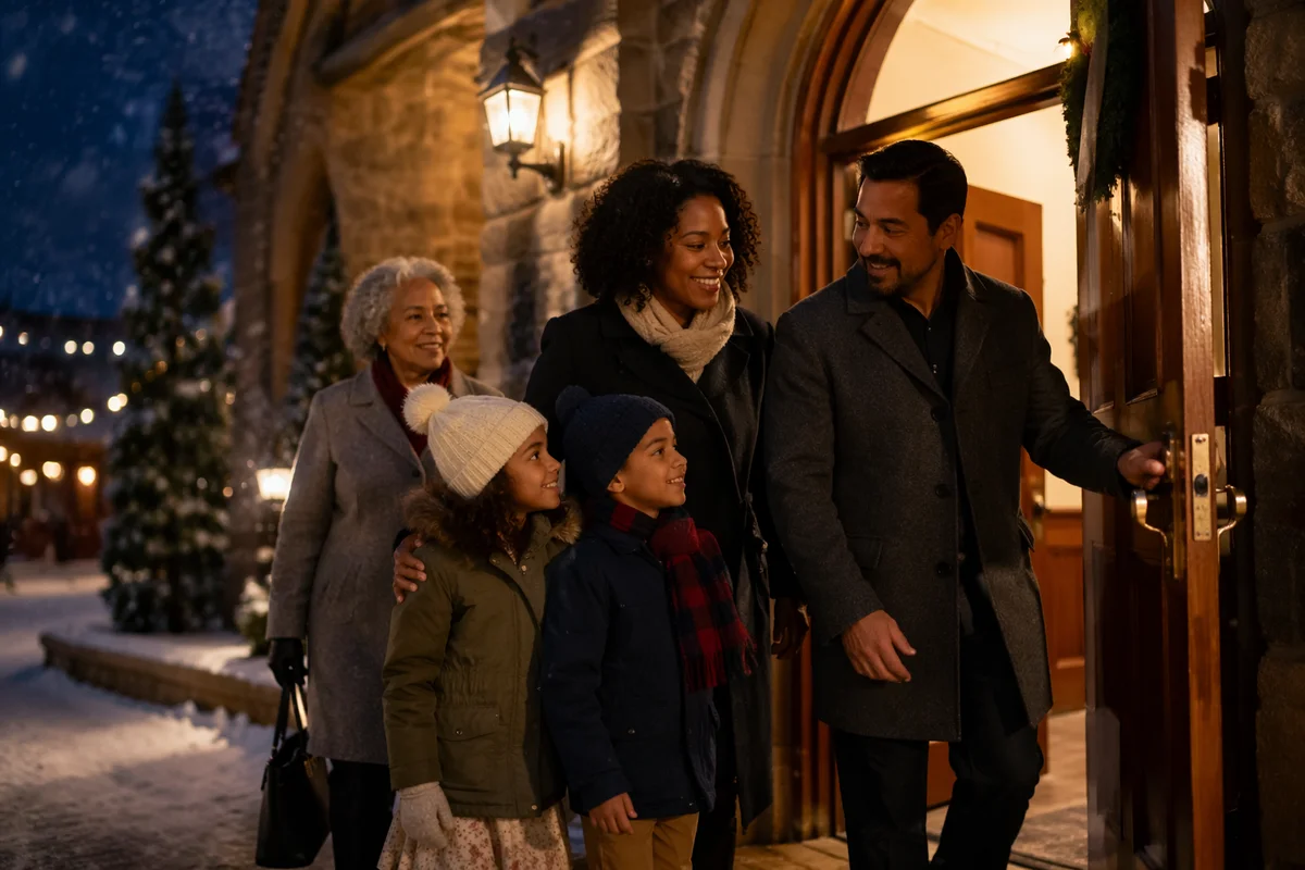 Family Entering Church on Snowy Evening