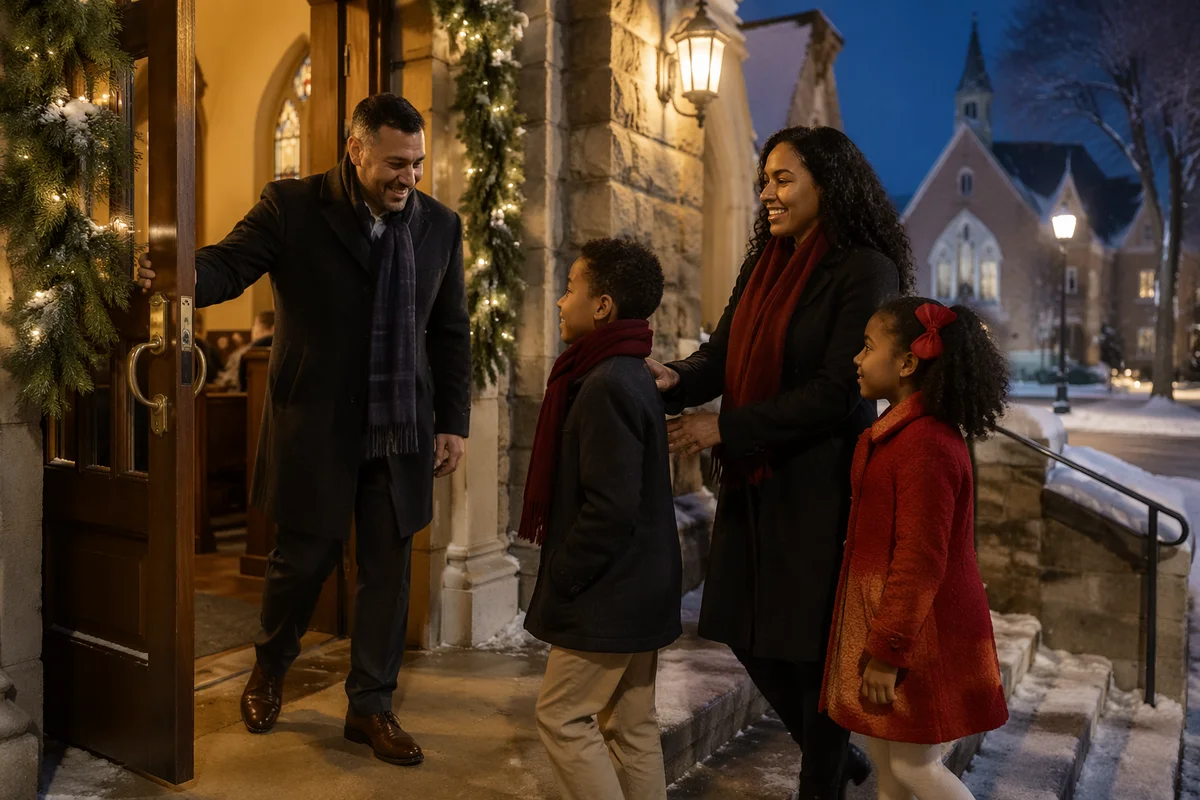 Family Entering Church on Winter Evening