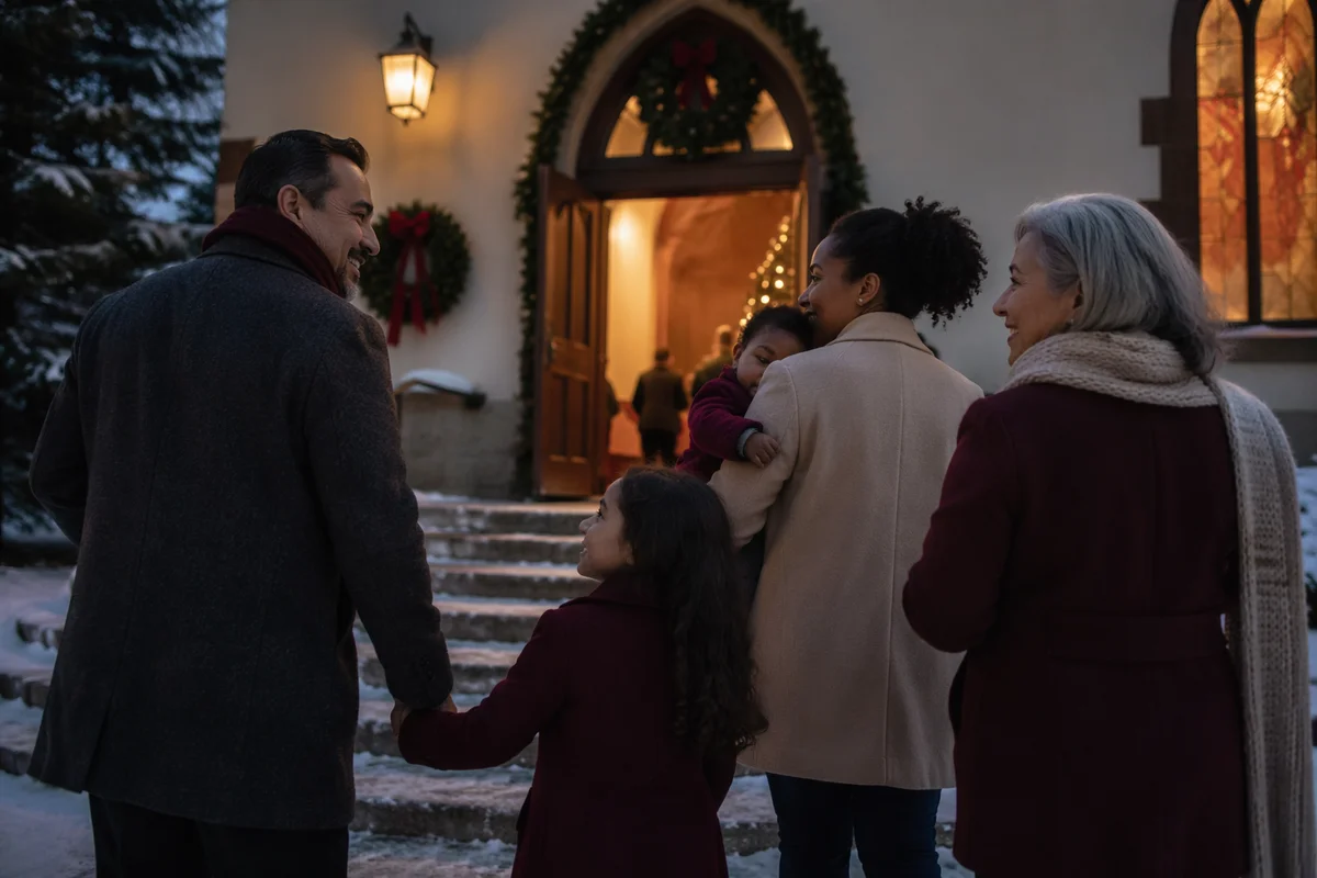 Family Approaching Church on Winter Evening