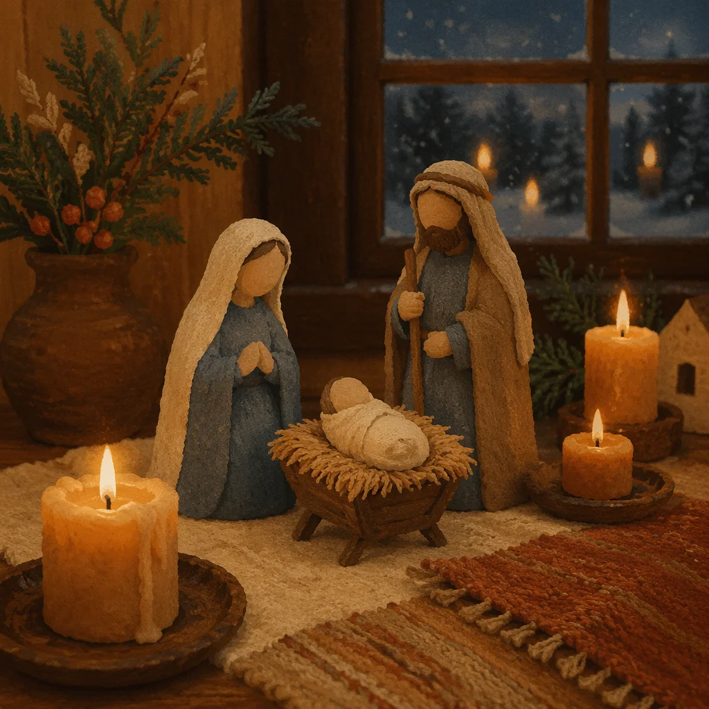 Candlelit Handmade Nativity at Christmas Dusk