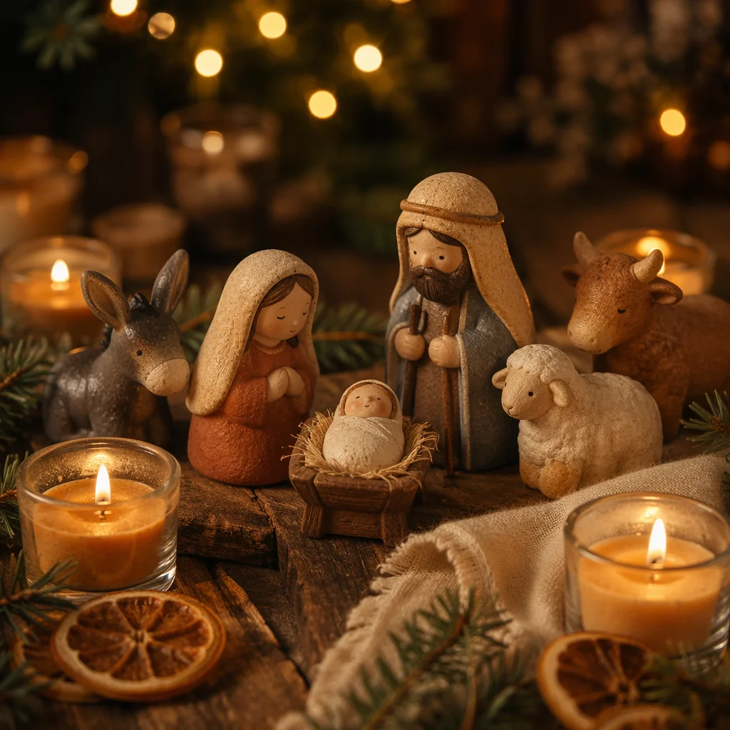 Candlelit Christmas Nativity on Rustic Table