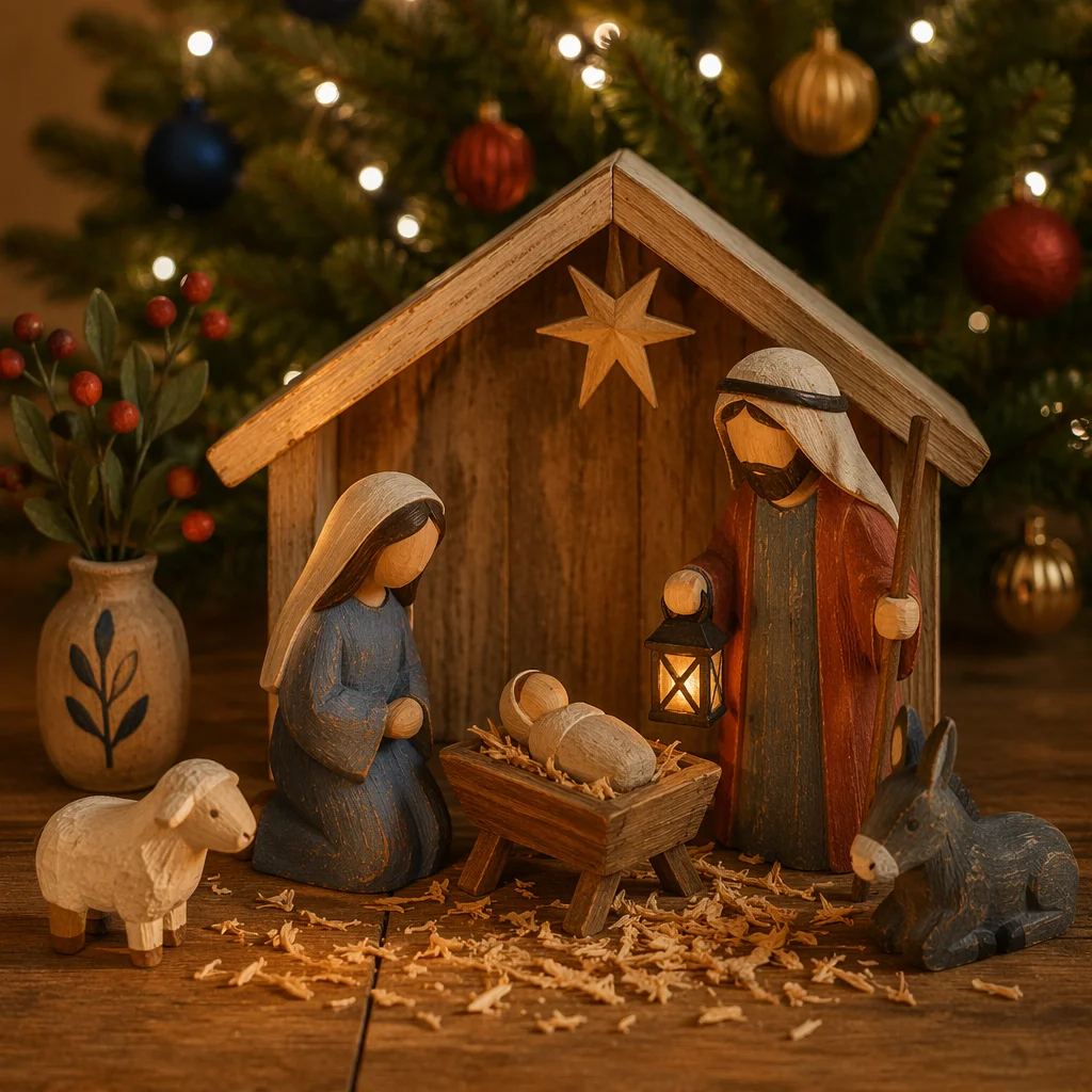 Wooden Nativity by Candlelight Christmas Decor