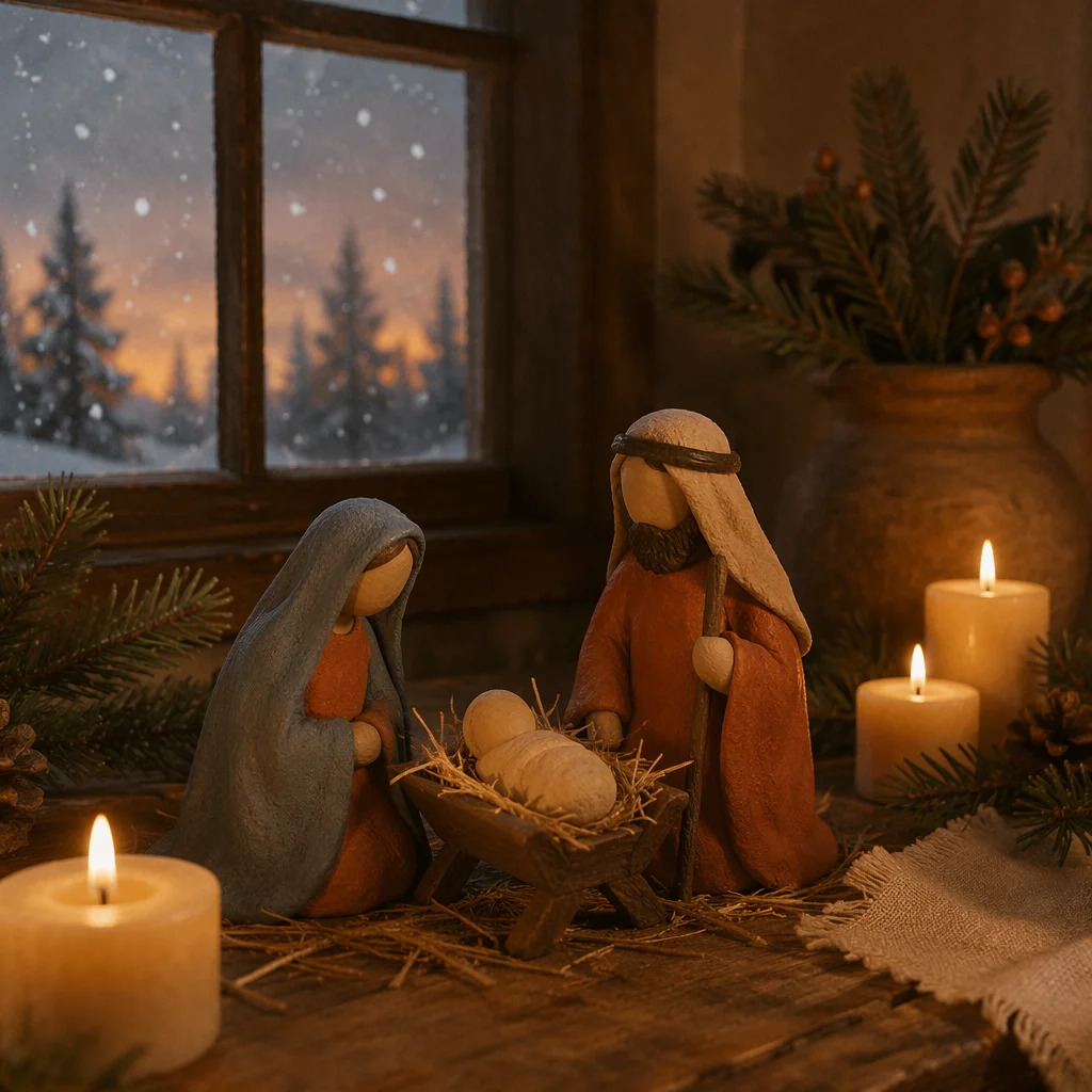 Candlelit Christmas Nativity on Rustic Table