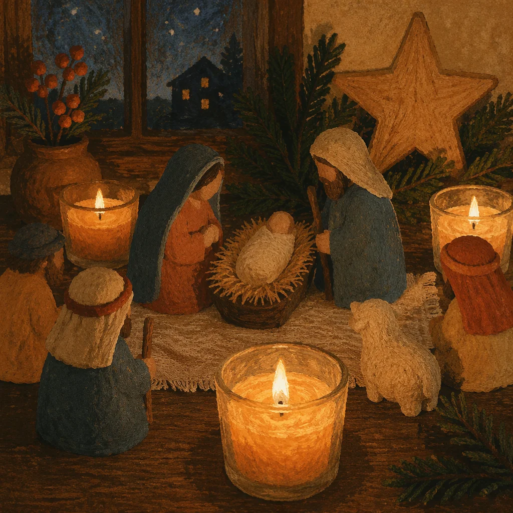 Candlelit Folk Art Christmas Nativity