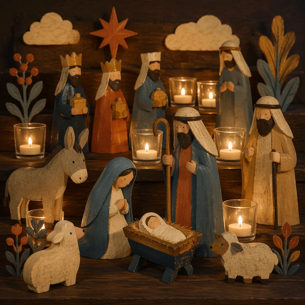 Wooden Nativity Scene by Candlelight