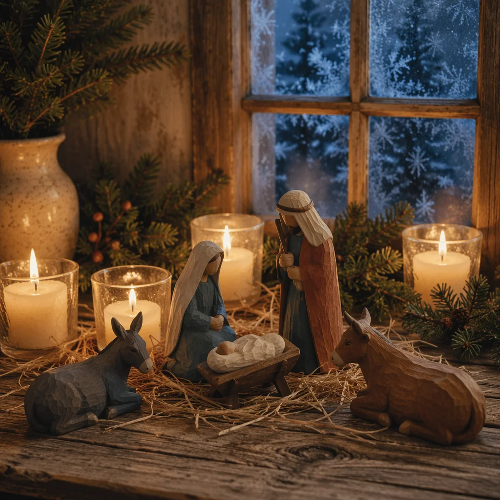 Candlelit Wooden Nativity on Christmas Eve
