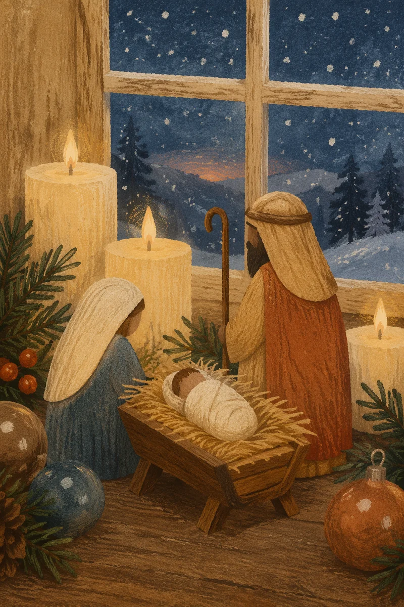 Candlelit Handmade Nativity at Winter Dusk