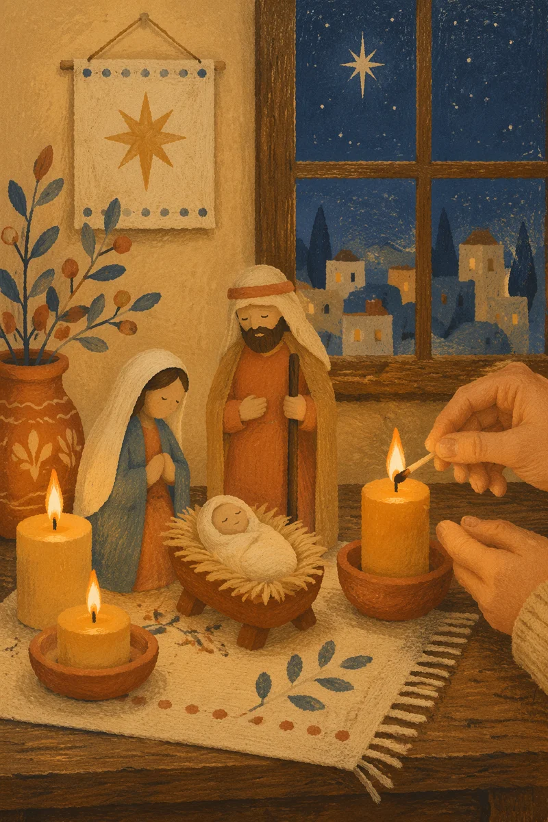 Candlelit Handmade Christmas Nativity at Dusk