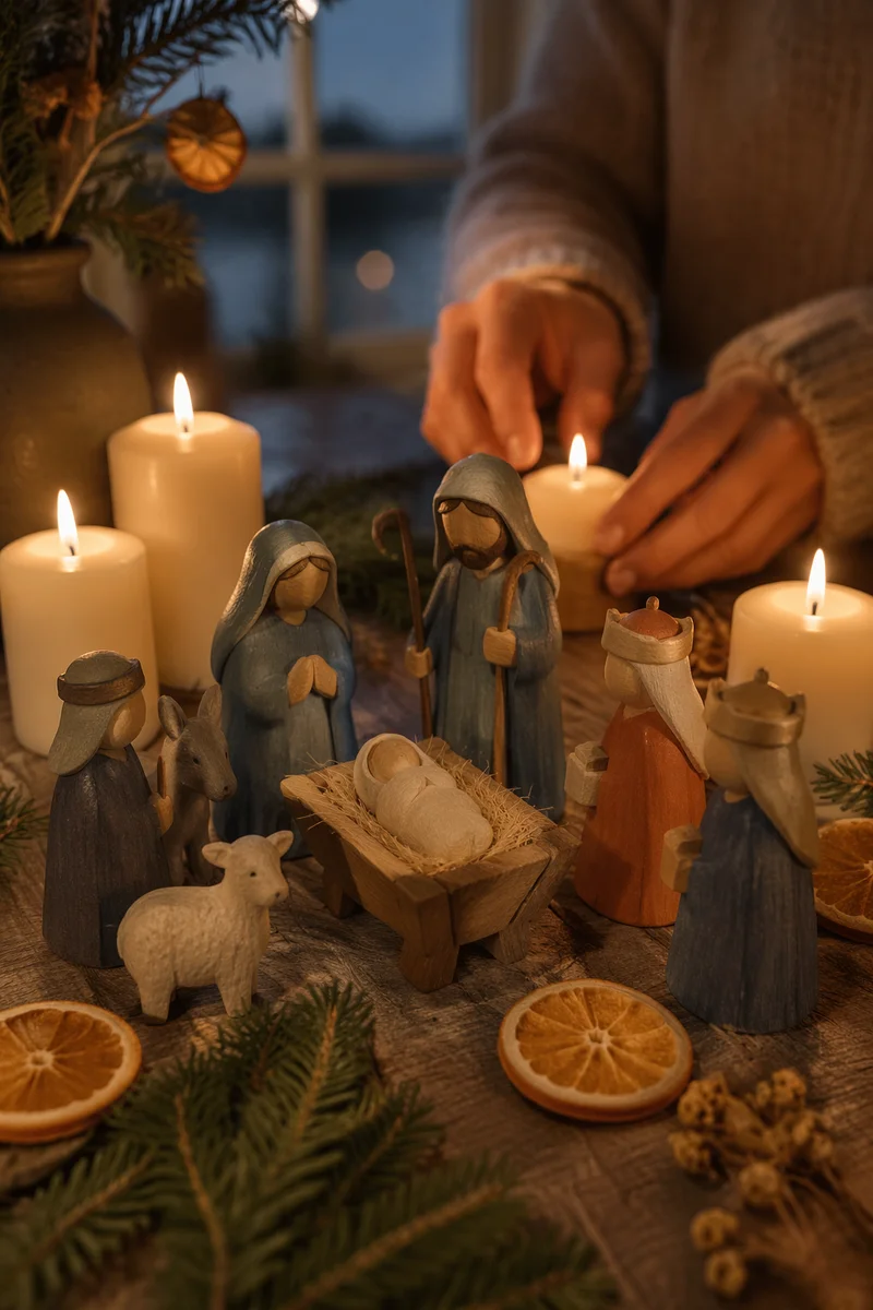 Candlelit Handcrafted Nativity on Christmas Eve