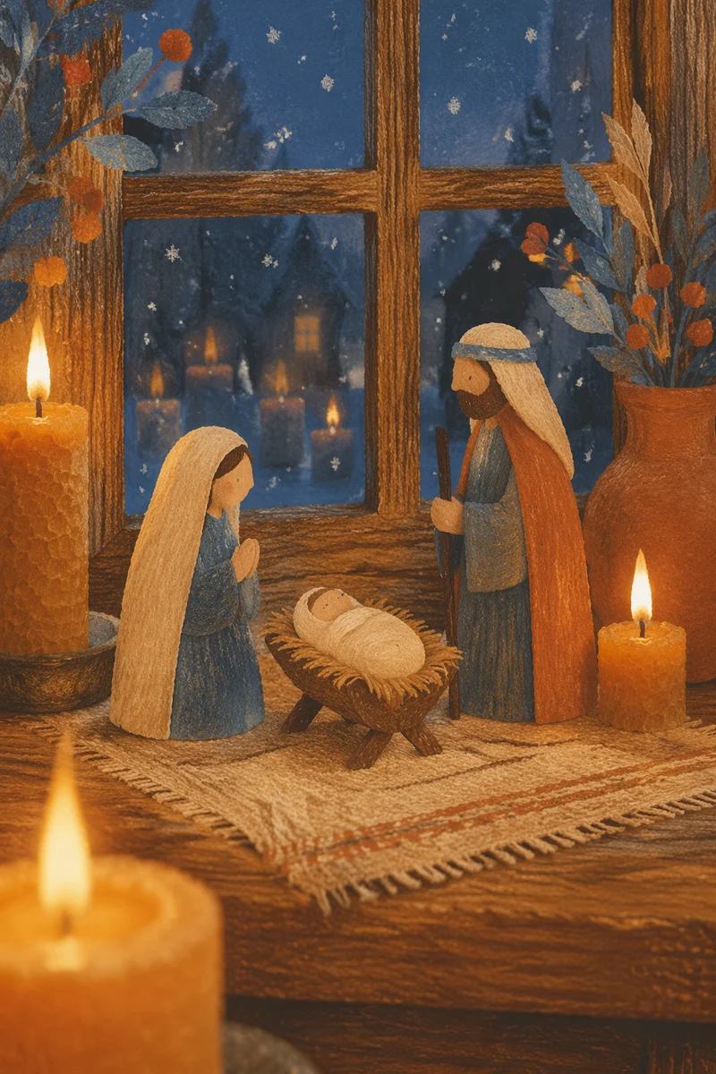 Candlelit Nativity on Winter Windowsill