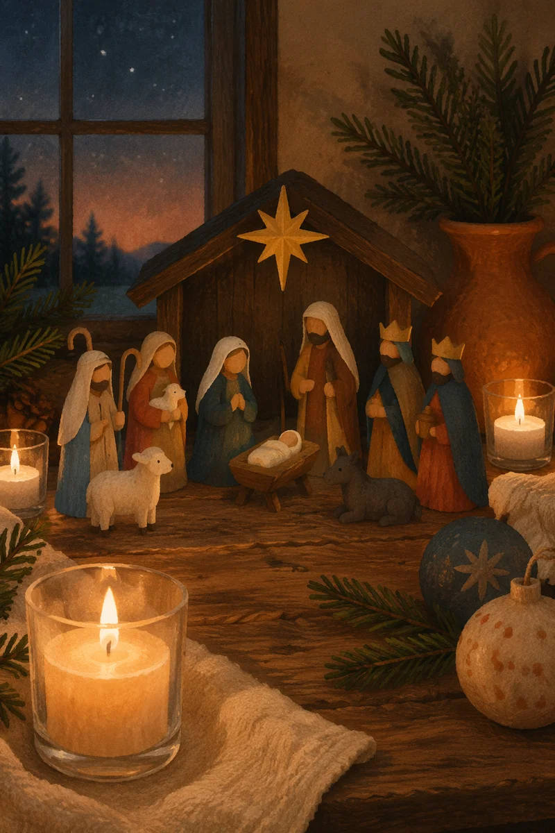 Candlelit Nativity on Rustic Wooden Table