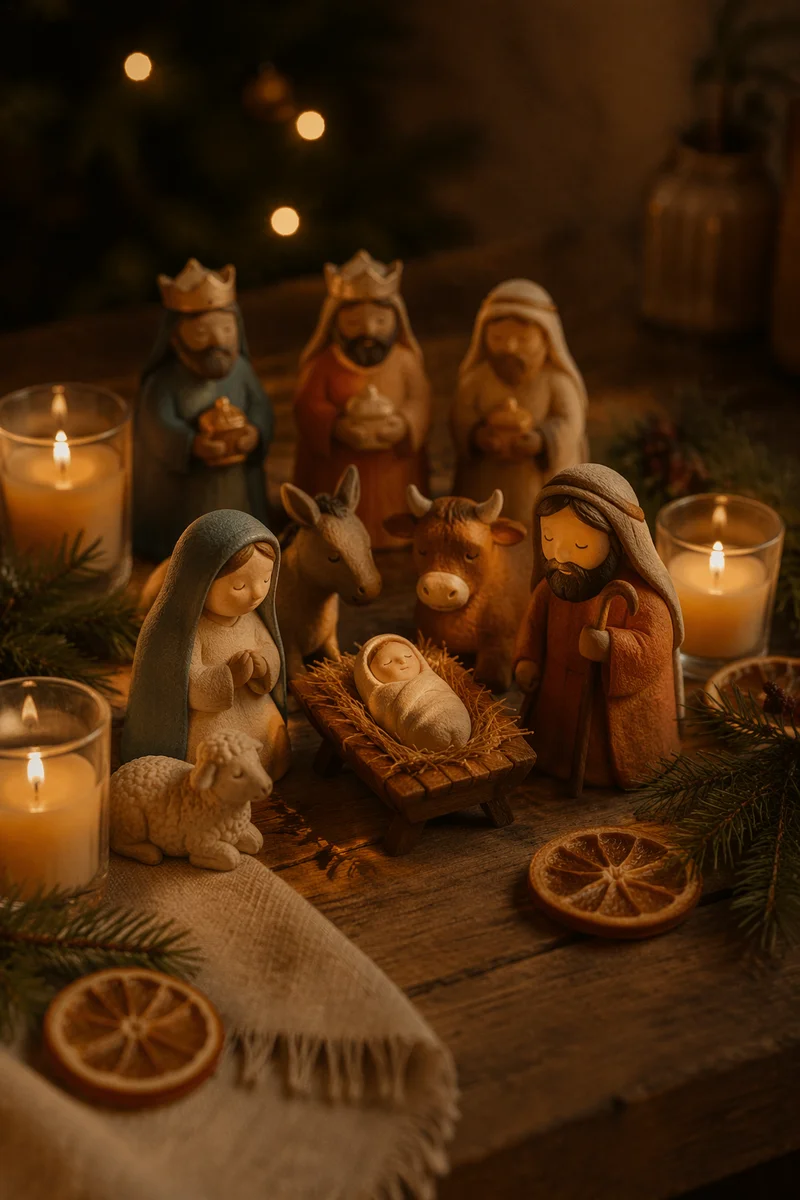 Nativity Candlelight on Rustic Christmas Table
