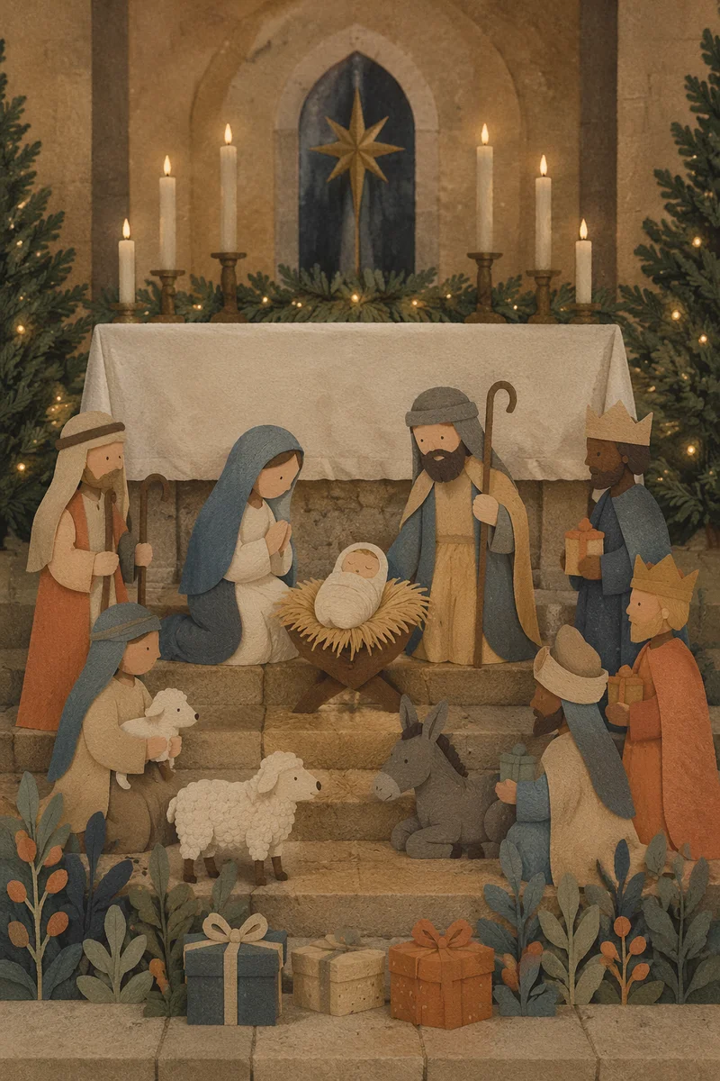 Candlelit Christmas Nativity Before Chapel Altar