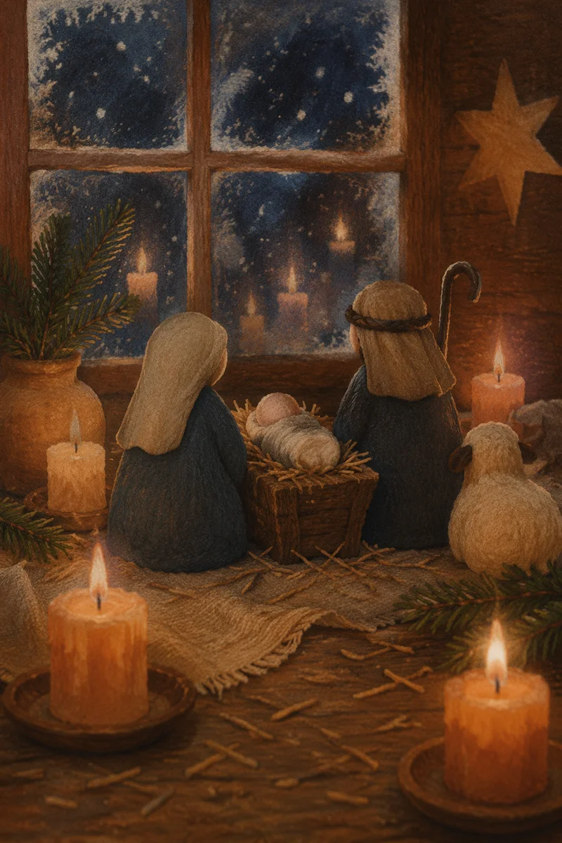 Candlelit Handmade Nativity by Frosted Window