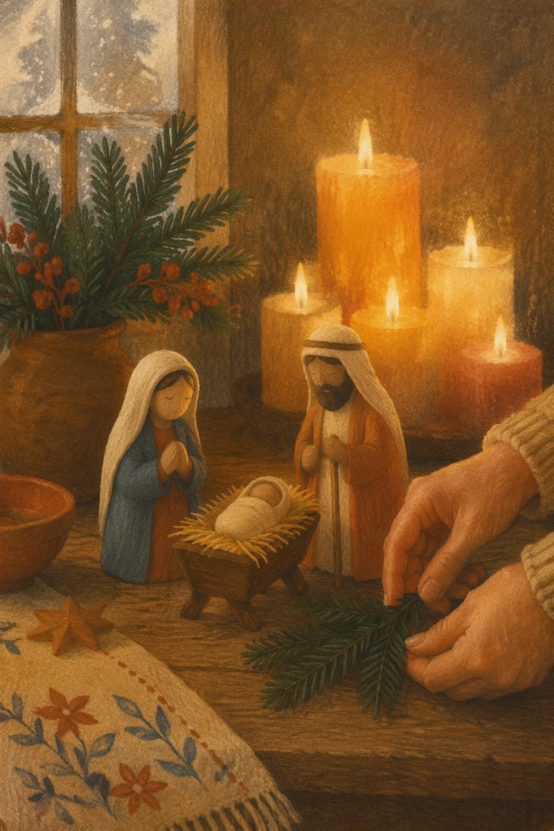 Candlelit Handmade Christmas Nativity Scene