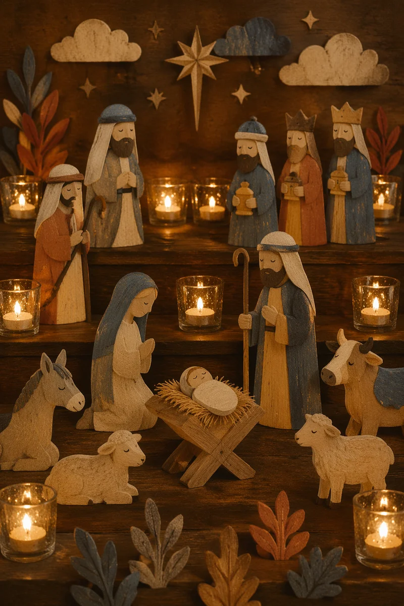 Candlelit Wooden Nativity on Christmas Steps