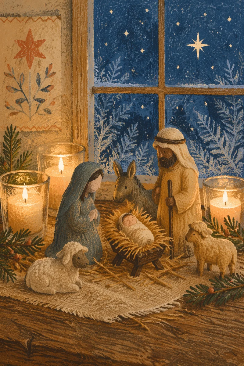 Candlelit Handmade Nativity by Frosted Window