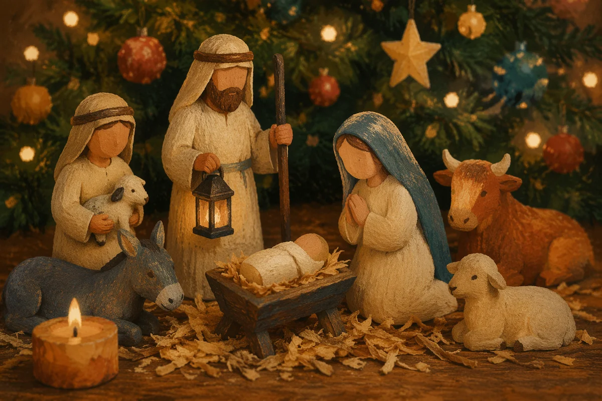 Candlelit Wooden Christmas Nativity on Tabletop
