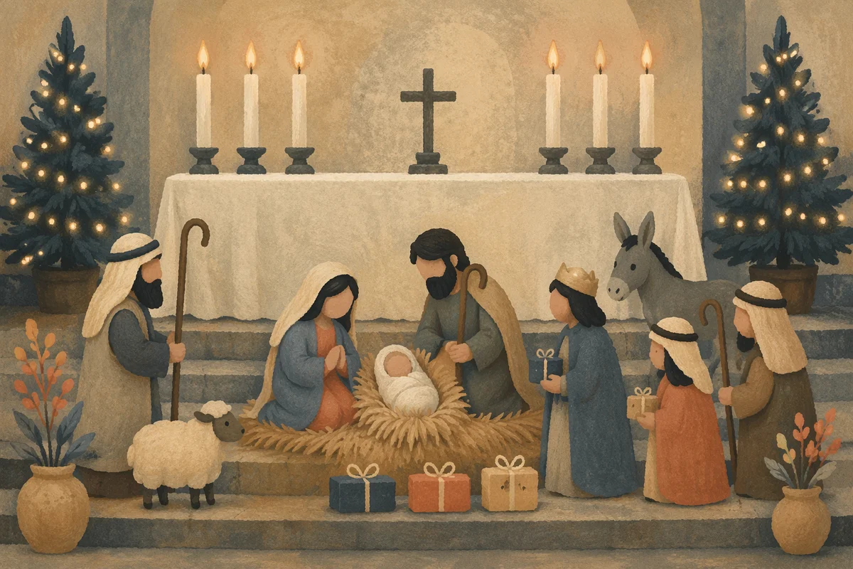 Candlelit Christmas Nativity in Quiet Chapel