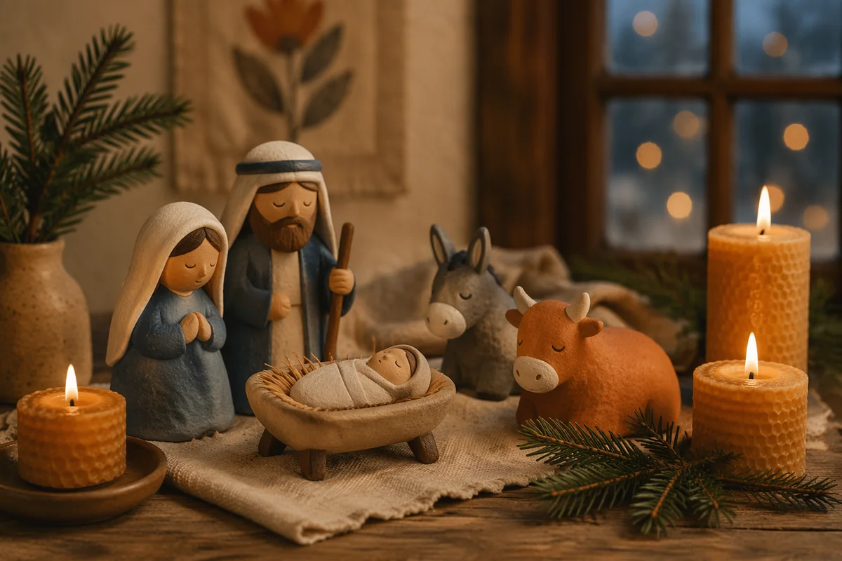 Candlelit Christmas Nativity on Rustic Table