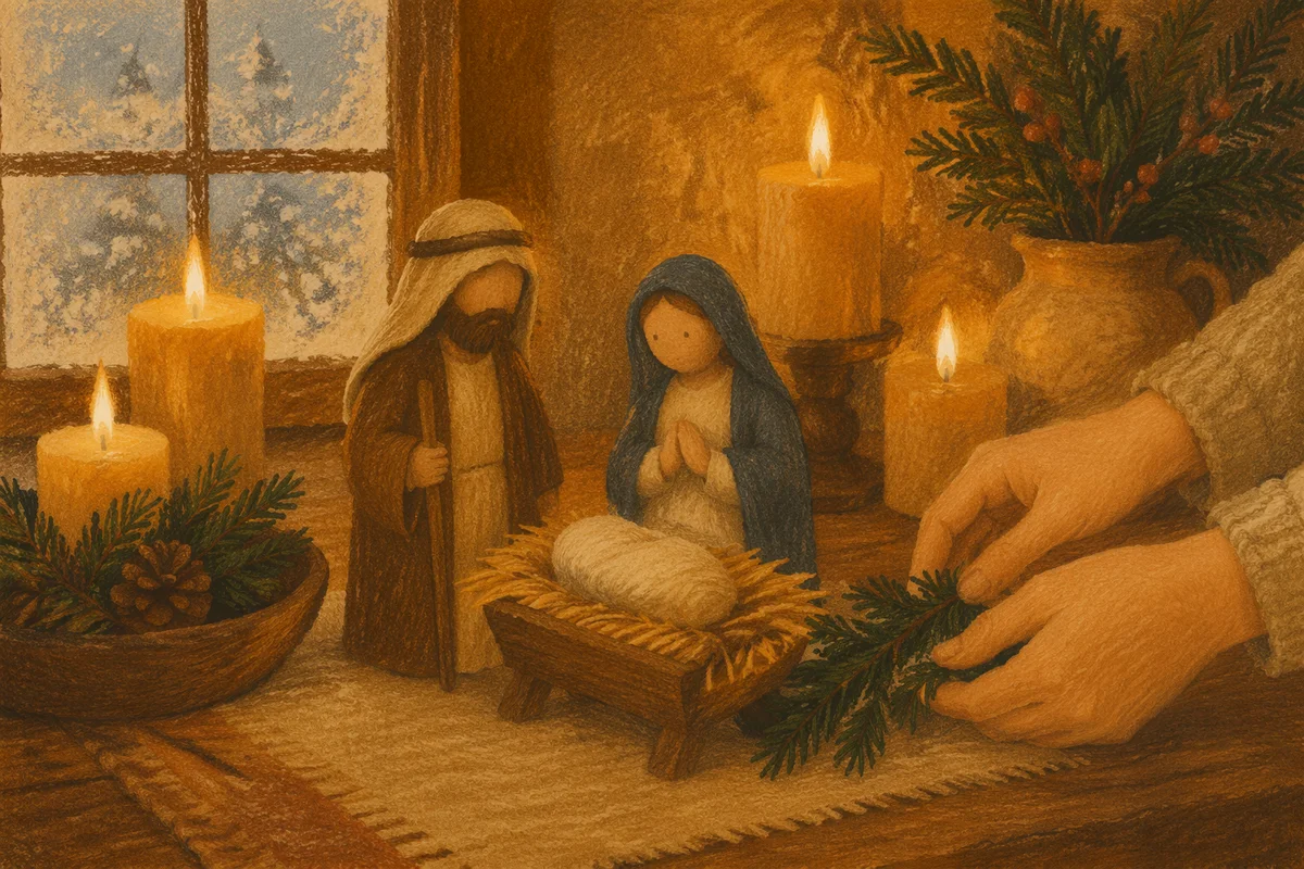 Candlelit Handmade Nativity with Evergreen Sprig