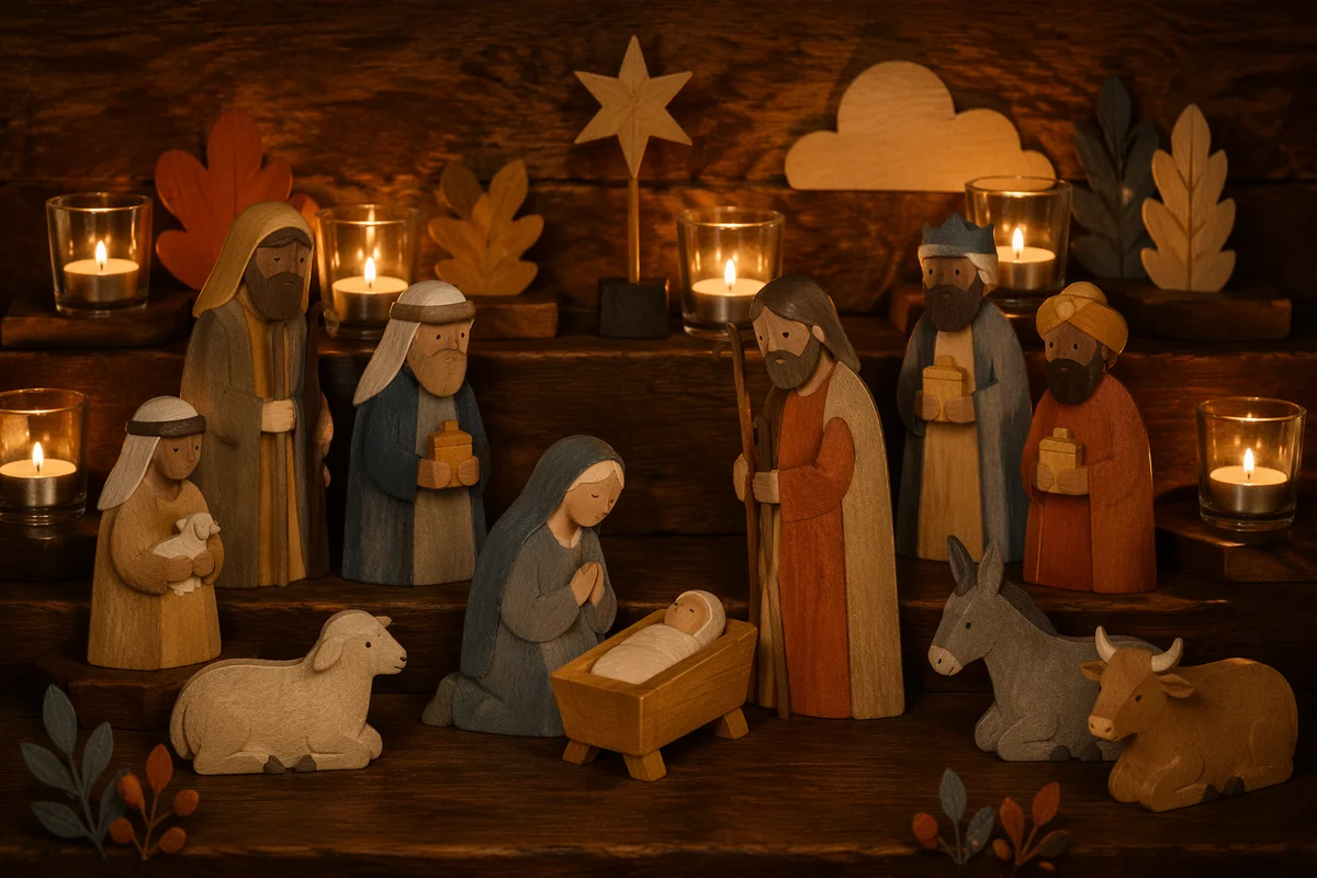 Candlelit Wooden Nativity on Christmas Steps