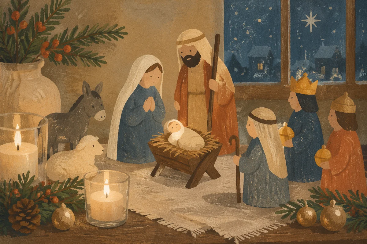 Candlelit Handmade Nativity on Rustic Table