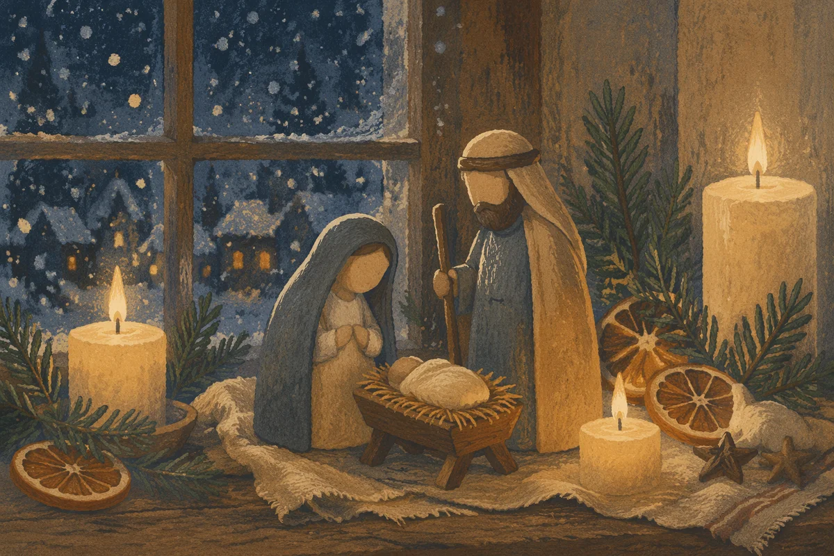 Candlelit Handmade Nativity by Frosted Window