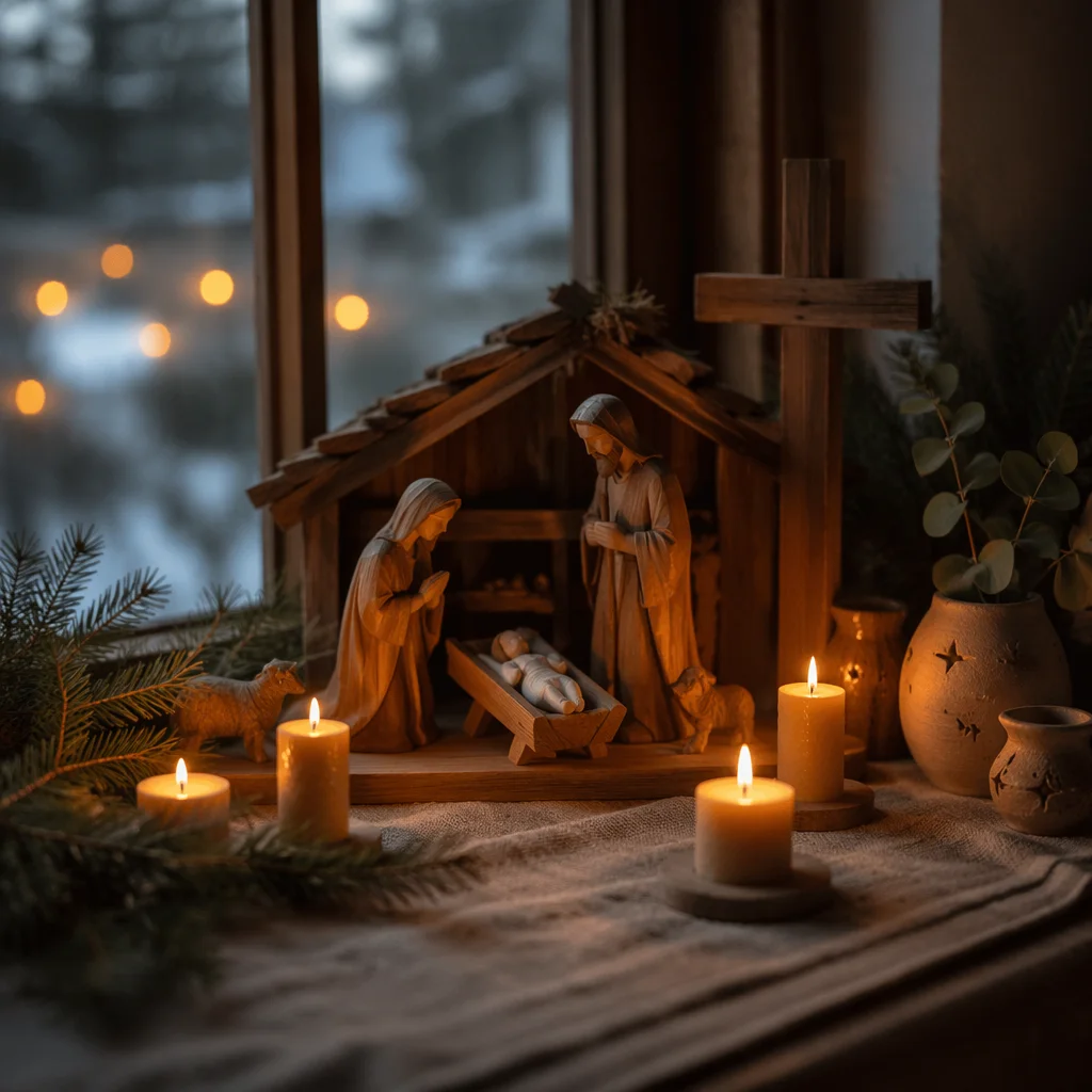 Candlelit Wooden Nativity by Frosted Window