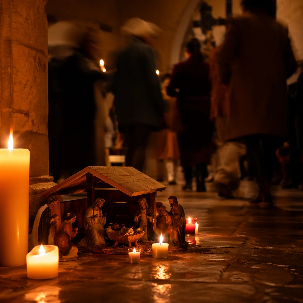 Candlelit Nativity in a Rustic Chapel